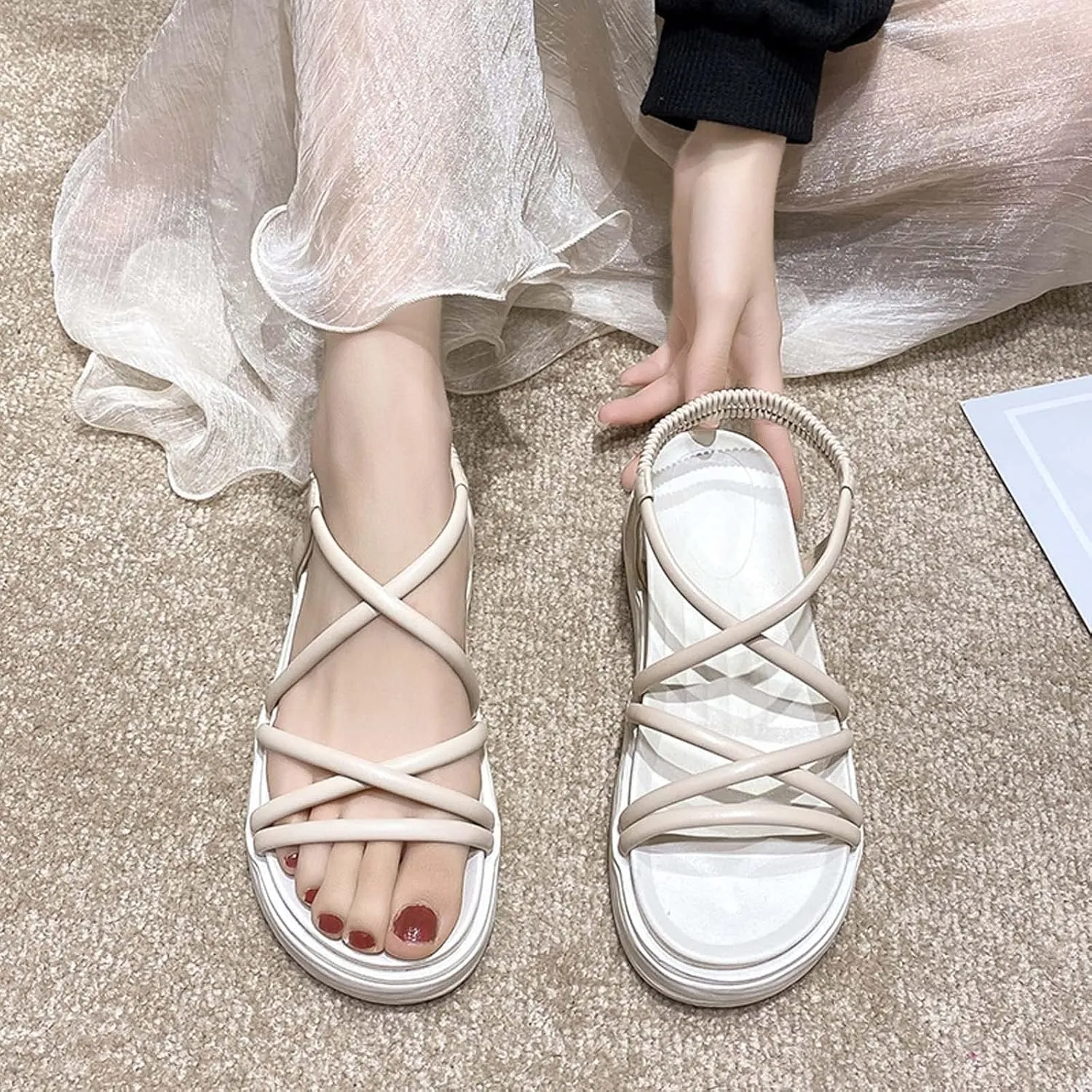 Trendy Women Platform Sandal with Criss-Cross Elastic Straps Casual Dressy Flat Footwear Summer Beach Sandals