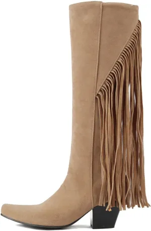 Ulalaza Women's Fringe Cowboy Boots Hidden Wedge Heel Ankle Layer Tassel BOOTS Rhinestones Sparkle Shining Fabric Nubuck Leather Comfortable Pull-On for Street Wedding Party