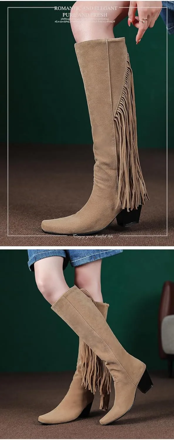 Ulalaza Women's Fringe Cowboy Boots Hidden Wedge Heel Ankle Layer Tassel BOOTS Rhinestones Sparkle Shining Fabric Nubuck Leather Comfortable Pull-On for Street Wedding Party
