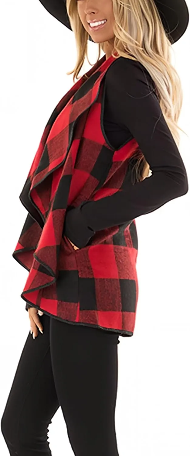 Unidear Womens Buffalo Plaid Vest Casual Lapel Open Front Sleeveless Cardigan Jacket Coat with Pockets