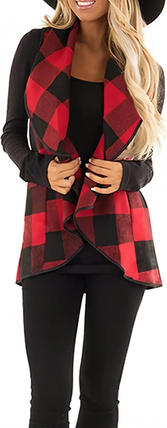 Unidear Womens Buffalo Plaid Vest Casual Lapel Open Front Sleeveless Cardigan Jacket Coat with Pockets