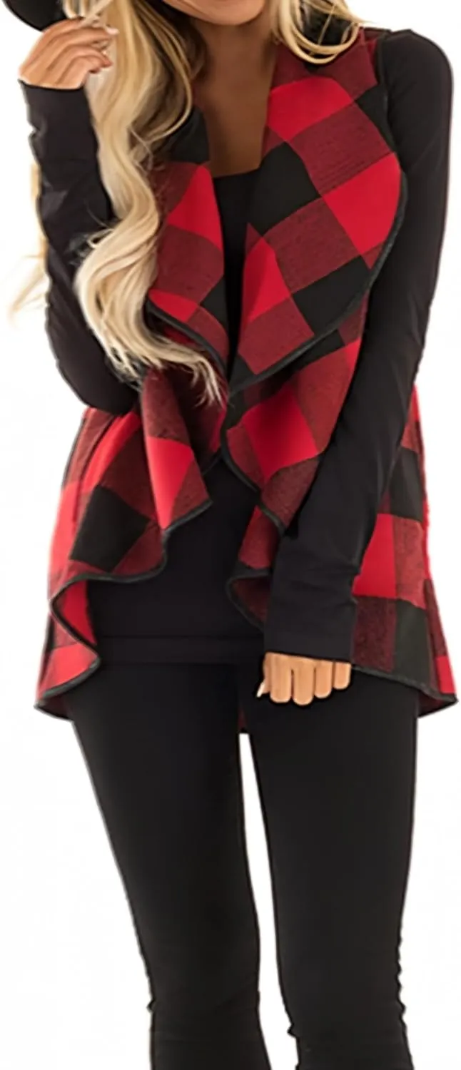 Unidear Womens Buffalo Plaid Vest Casual Lapel Open Front Sleeveless Cardigan Jacket Coat with Pockets
