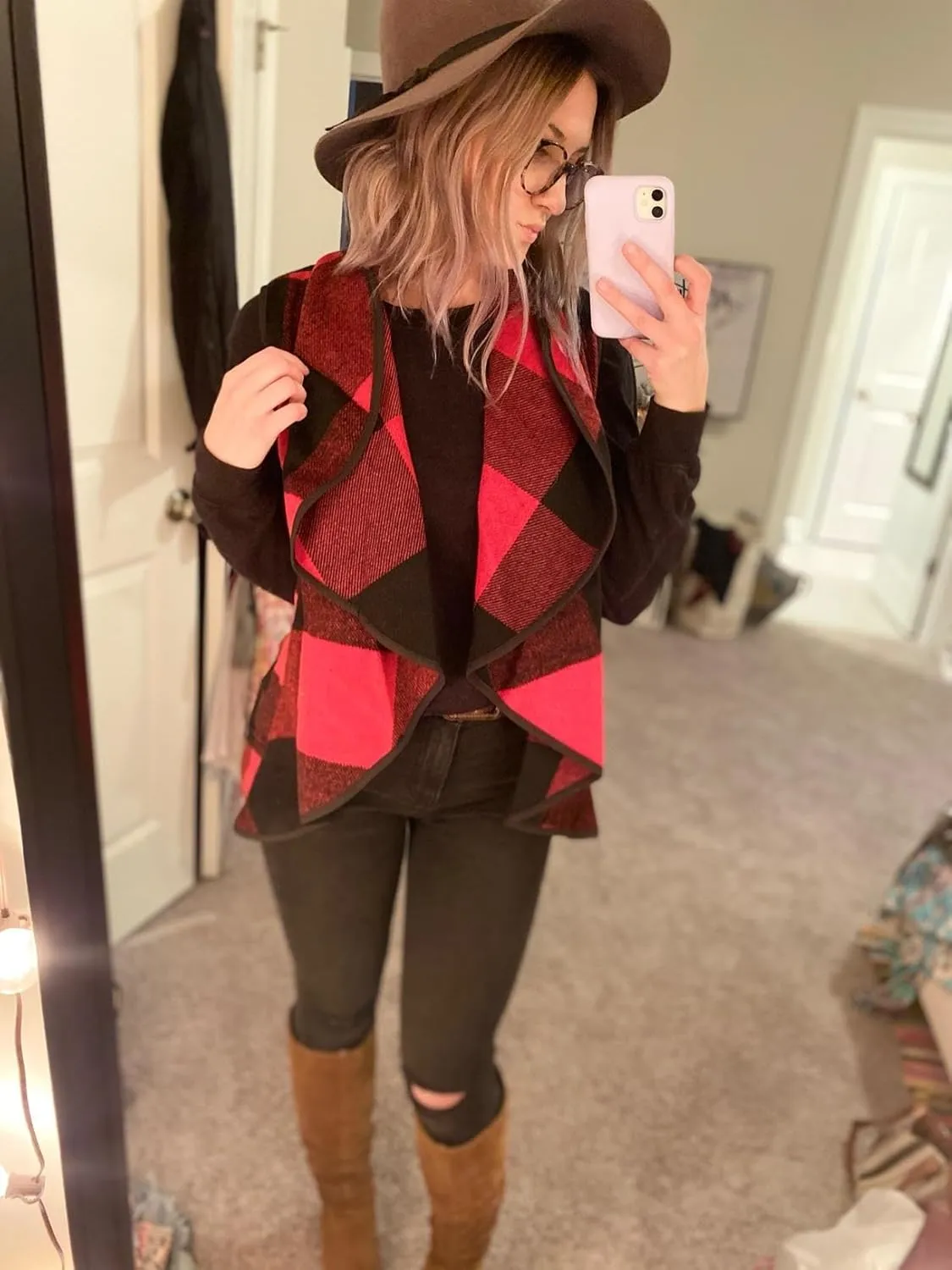 Unidear Womens Buffalo Plaid Vest Casual Lapel Open Front Sleeveless Cardigan Jacket Coat with Pockets