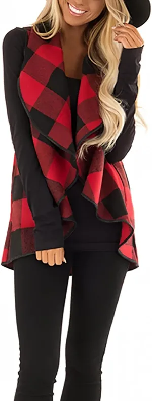 Unidear Womens Buffalo Plaid Vest Casual Lapel Open Front Sleeveless Cardigan Jacket Coat with Pockets
