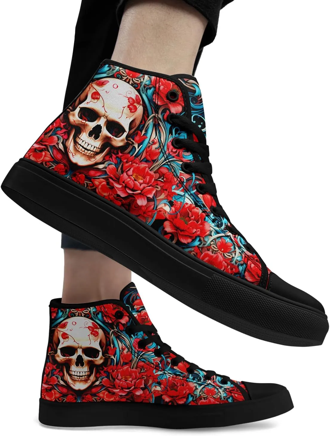 Unisex Skull High Tops for Women Cool Design Black Canvas Shoes Classic Lace Up Fashion Sneakers Streetwear