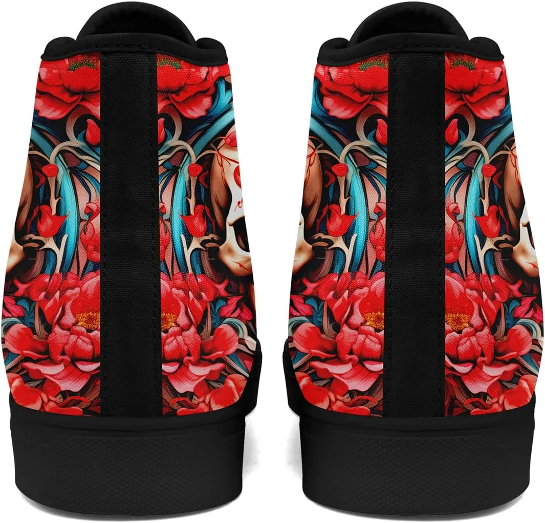 Unisex Skull High Tops for Women Cool Design Black Canvas Shoes Classic Lace Up Fashion Sneakers Streetwear