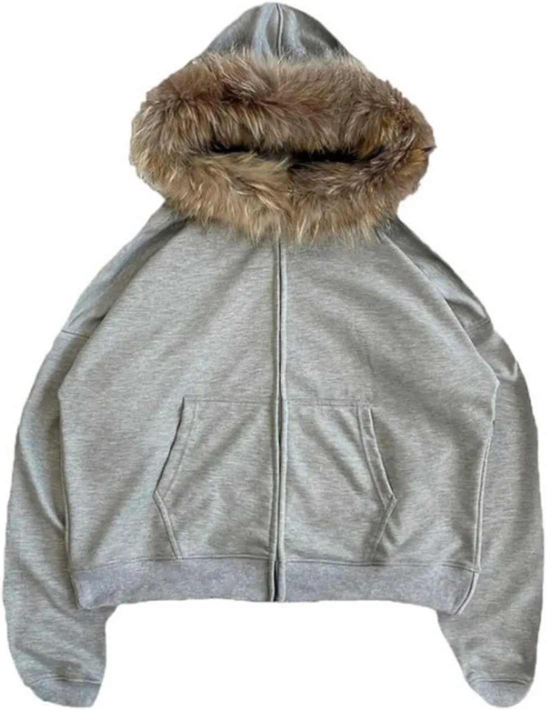 Unisex Zip Up Hoodie Men Fur Hood Jacket Grunge 2000s Lightweight Vintage Cropped Sweatshirt Y2k Streetwear