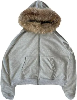 Unisex Zip Up Hoodie Men Fur Hood Jacket Grunge 2000s Lightweight Vintage Cropped Sweatshirt Y2k Streetwear