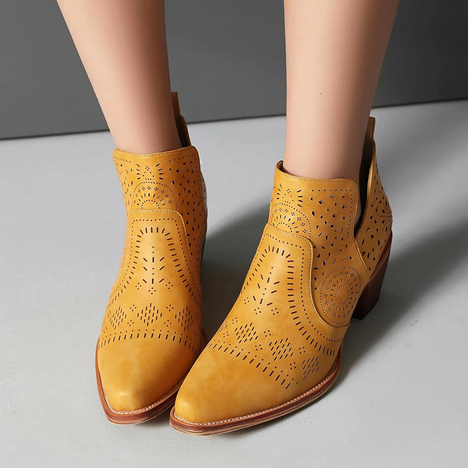 UTIKLIOU Women's Ankle Boots Slip on Cutout Pointed Toe Chunky Stacked Mid Heel Boots Faux Leather Short Booties