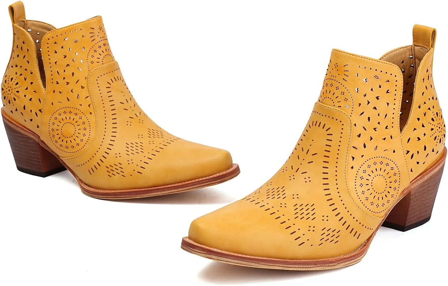 UTIKLIOU Women's Ankle Boots Slip on Cutout Pointed Toe Chunky Stacked Mid Heel Boots Faux Leather Short Booties