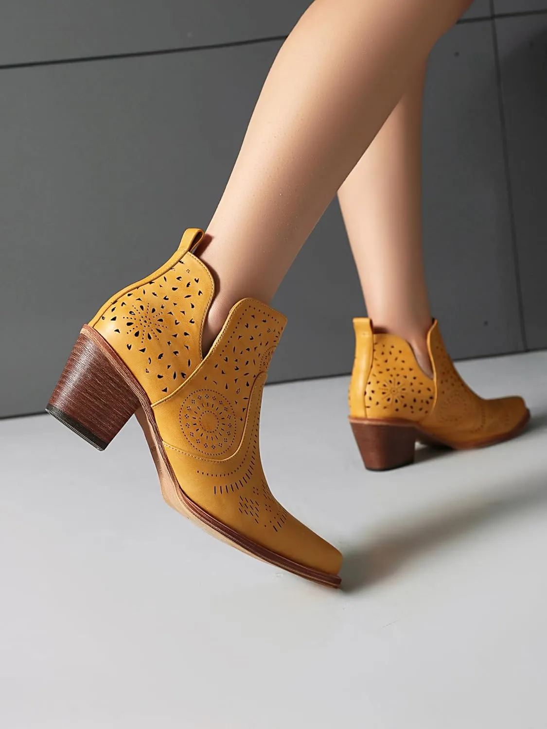 UTIKLIOU Women's Ankle Boots Slip on Cutout Pointed Toe Chunky Stacked Mid Heel Boots Faux Leather Short Booties