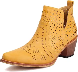 UTIKLIOU Women's Ankle Boots Slip on Cutout Pointed Toe Chunky Stacked Mid Heel Boots Faux Leather Short Booties