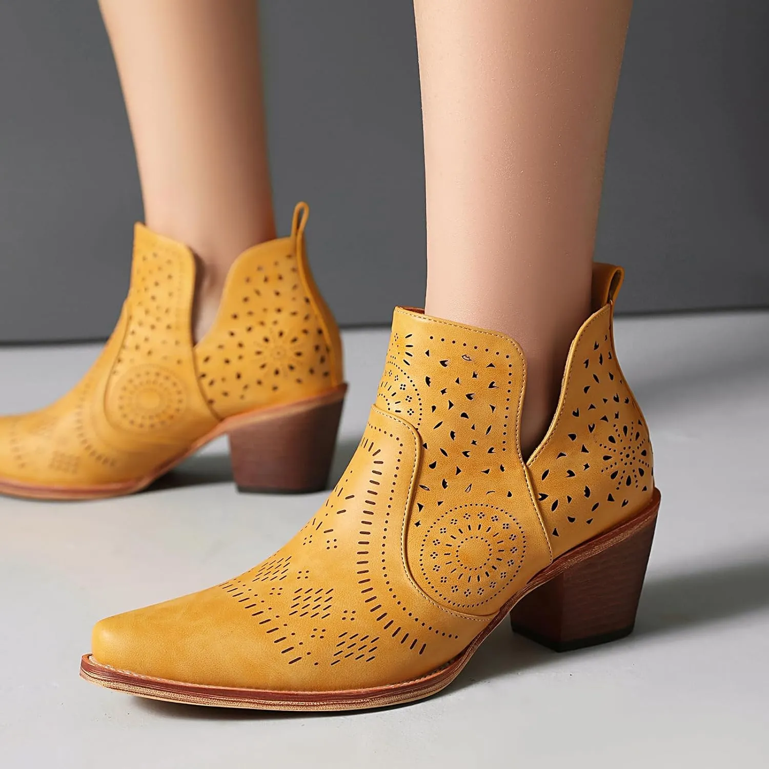 UTIKLIOU Women's Ankle Boots Slip on Cutout Pointed Toe Chunky Stacked Mid Heel Boots Faux Leather Short Booties