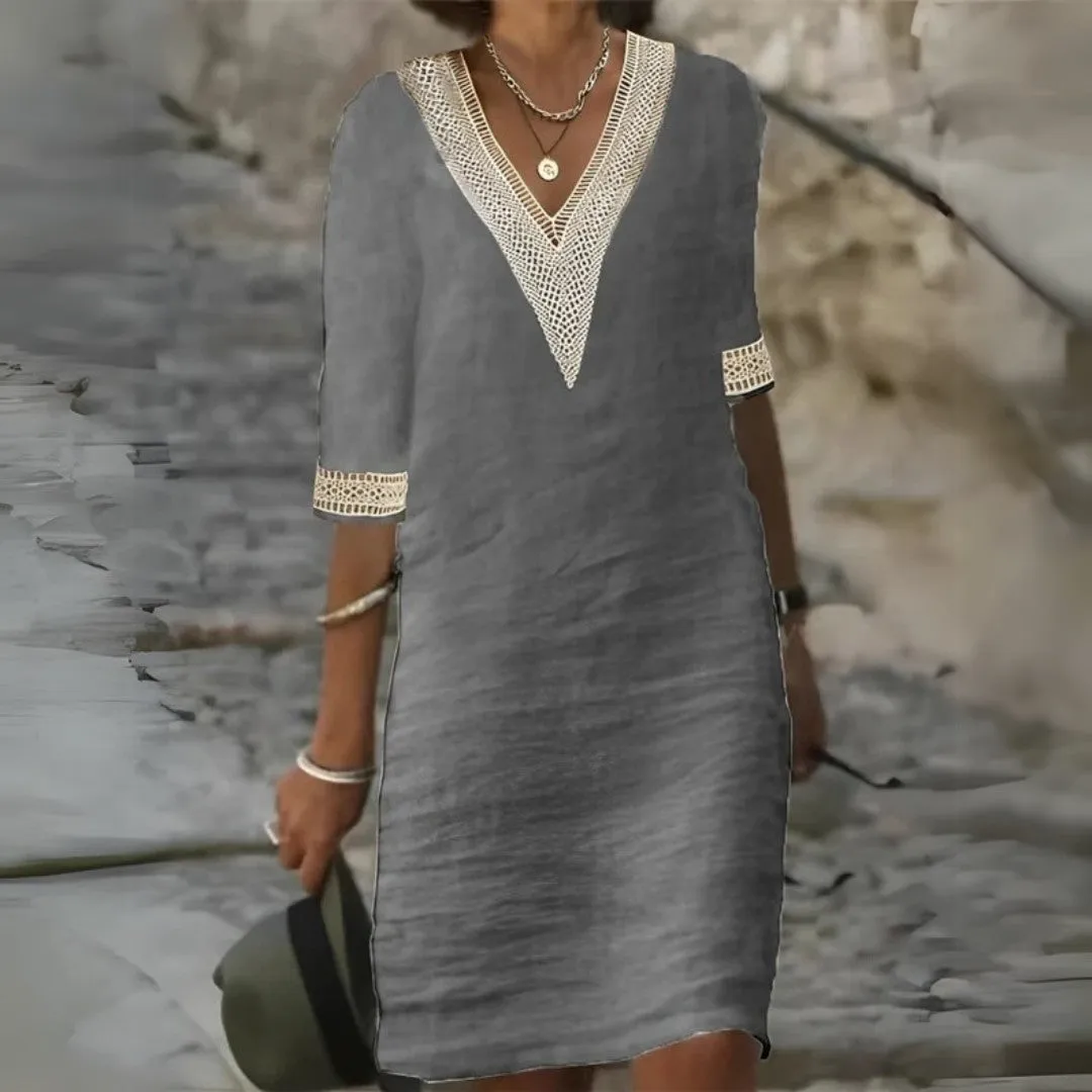 V-Neck Linen Dress with Lace Trim