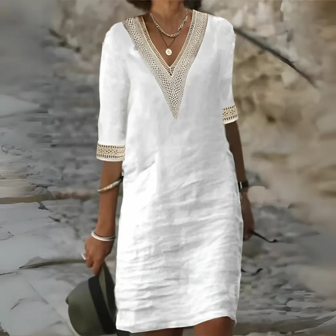 V-Neck Linen Dress with Lace Trim