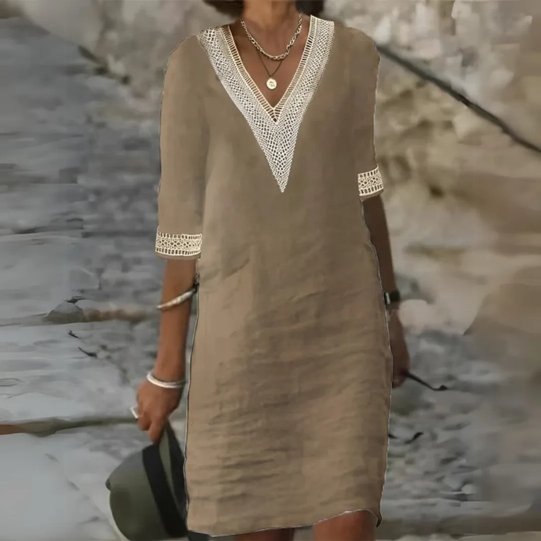 V-Neck Linen Dress with Lace Trim