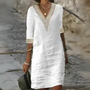 V-Neck Linen Dress with Lace Trim