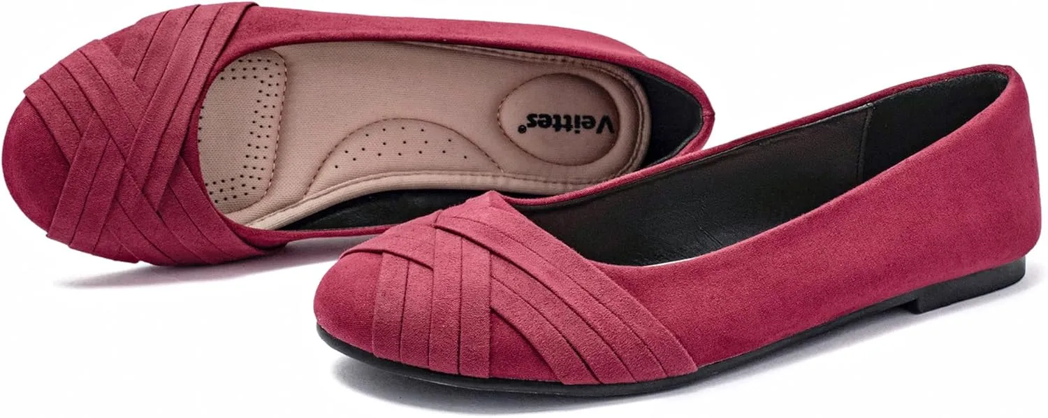 Veittes Women's Wide Width Flat Shoes, Comfortable Casual Round Toe Classy Design Ballet Flats.
