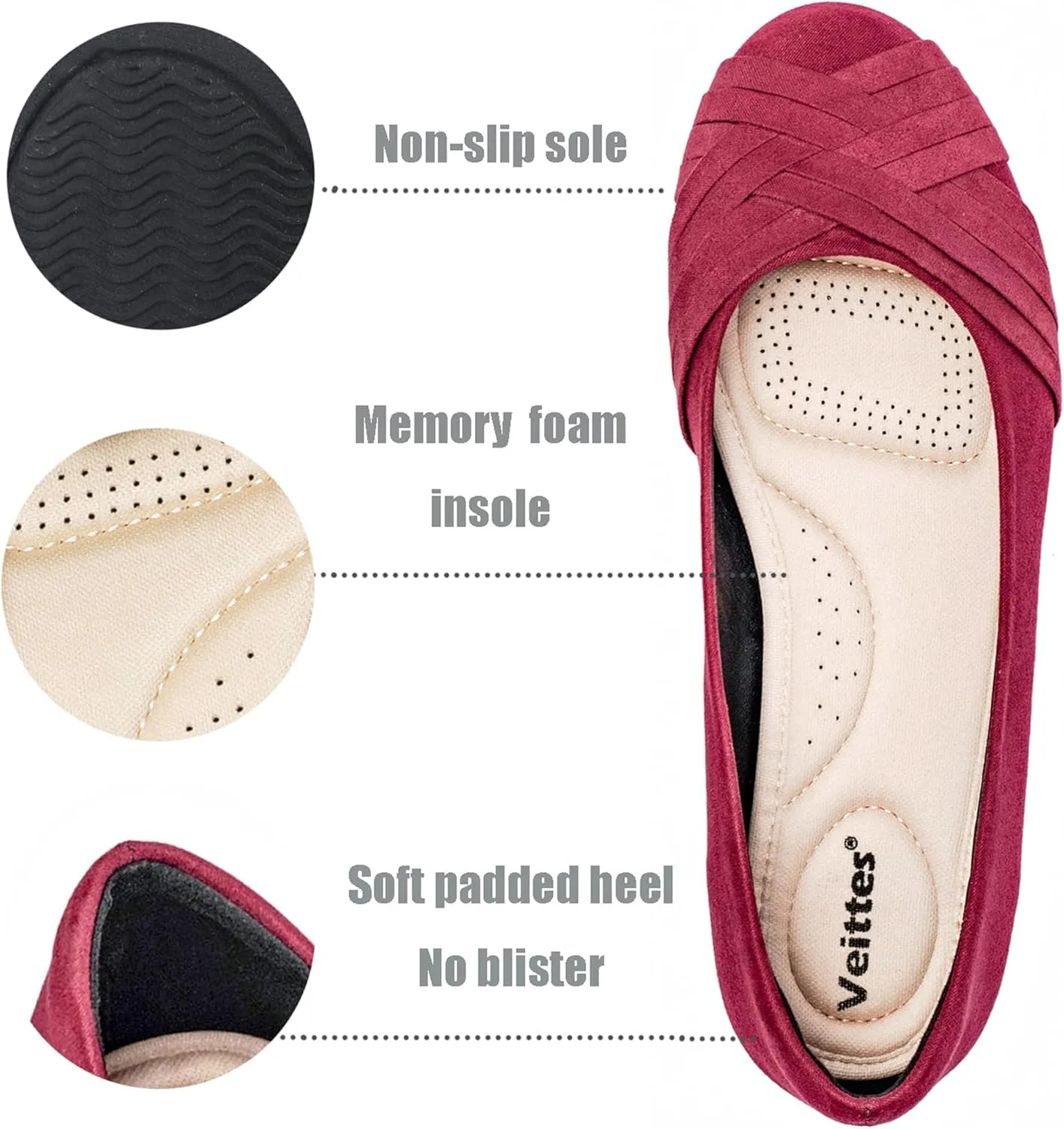 Veittes Women's Wide Width Flat Shoes, Comfortable Casual Round Toe Classy Design Ballet Flats.