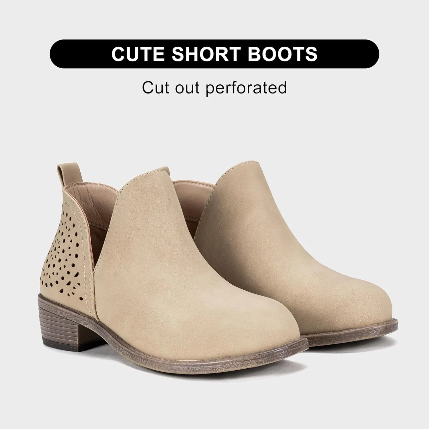 Vepose Women's Short Ankle Boots Low Heel, Western Cutout Perforated Booties