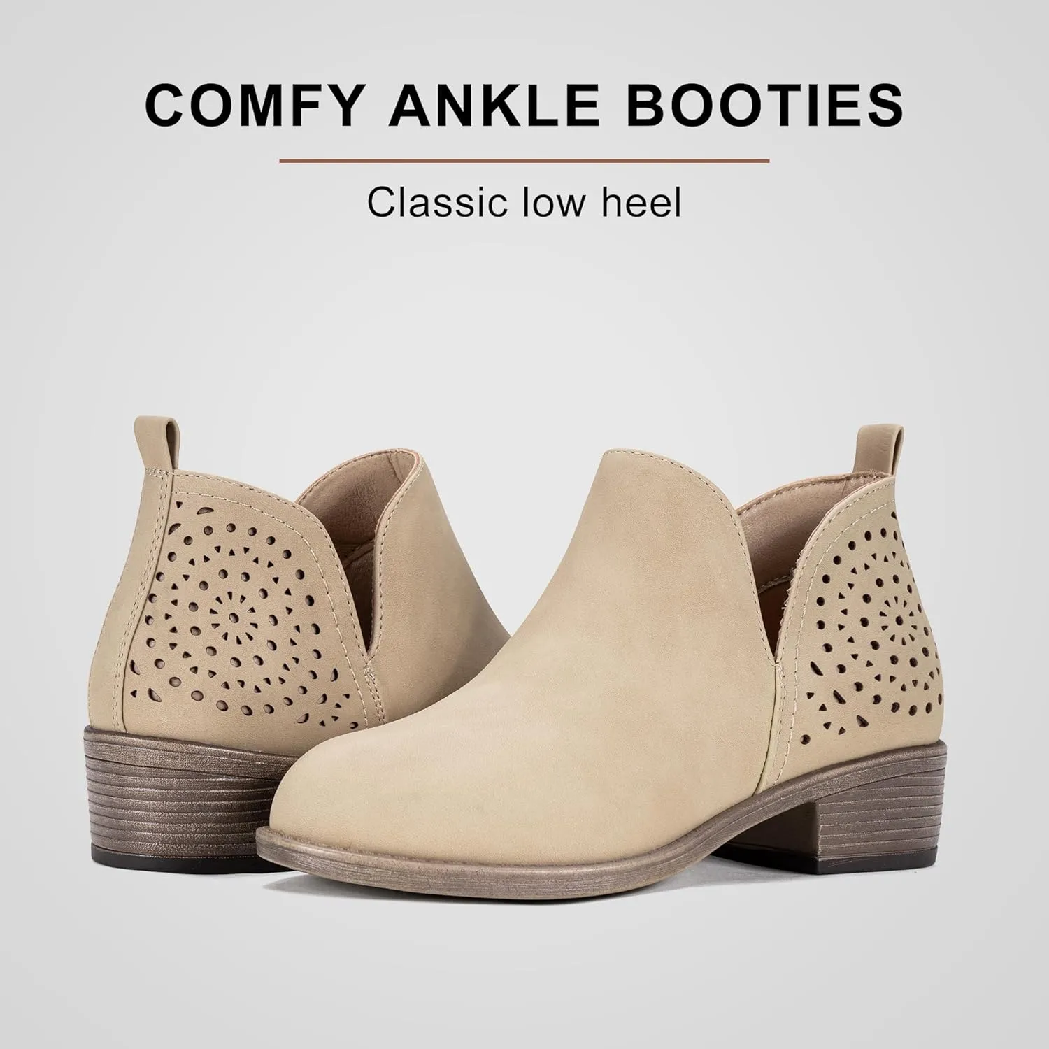 Vepose Women's Short Ankle Boots Low Heel, Western Cutout Perforated Booties