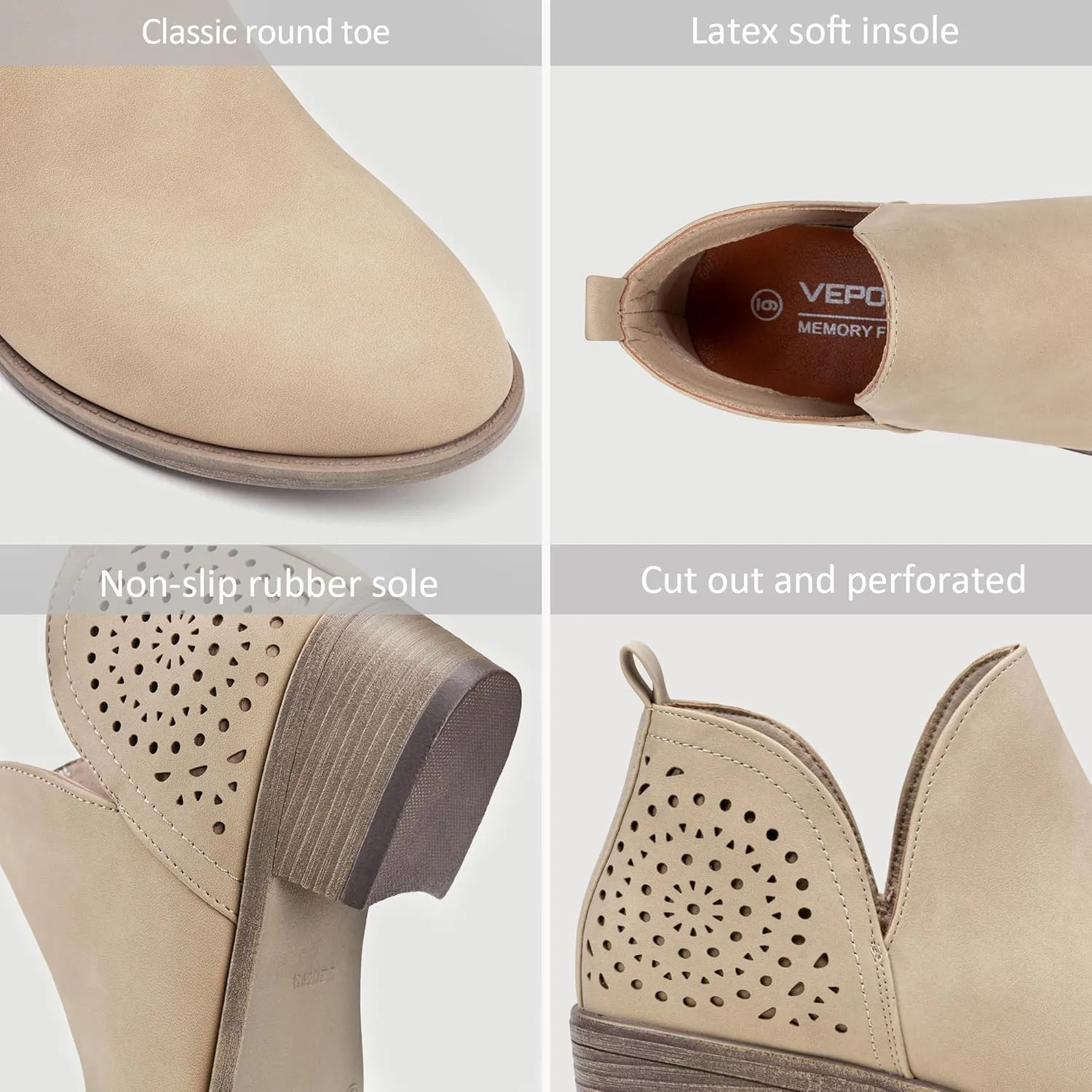 Vepose Women's Short Ankle Boots Low Heel, Western Cutout Perforated Booties