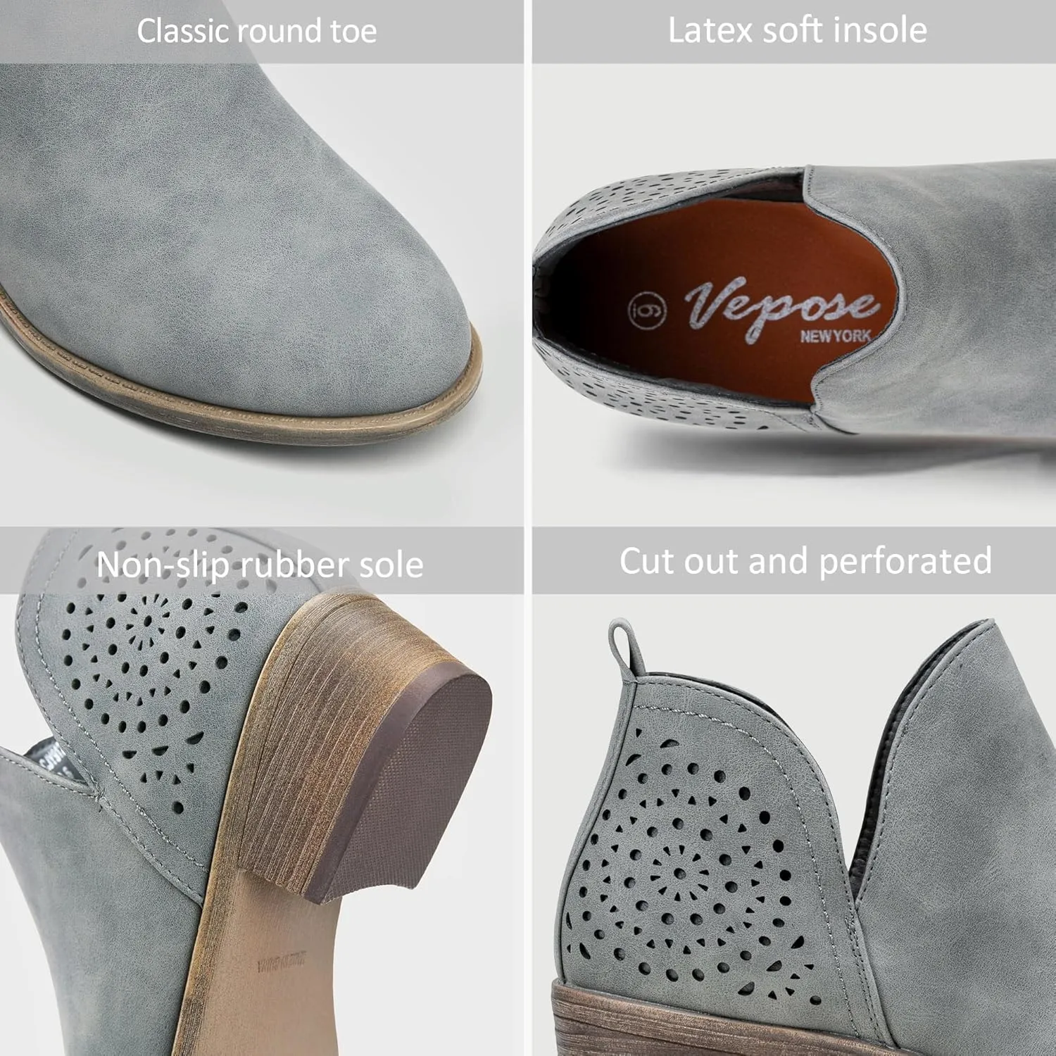 Vepose Women's Short Ankle Boots Low Heel, Western Cutout Perforated Booties