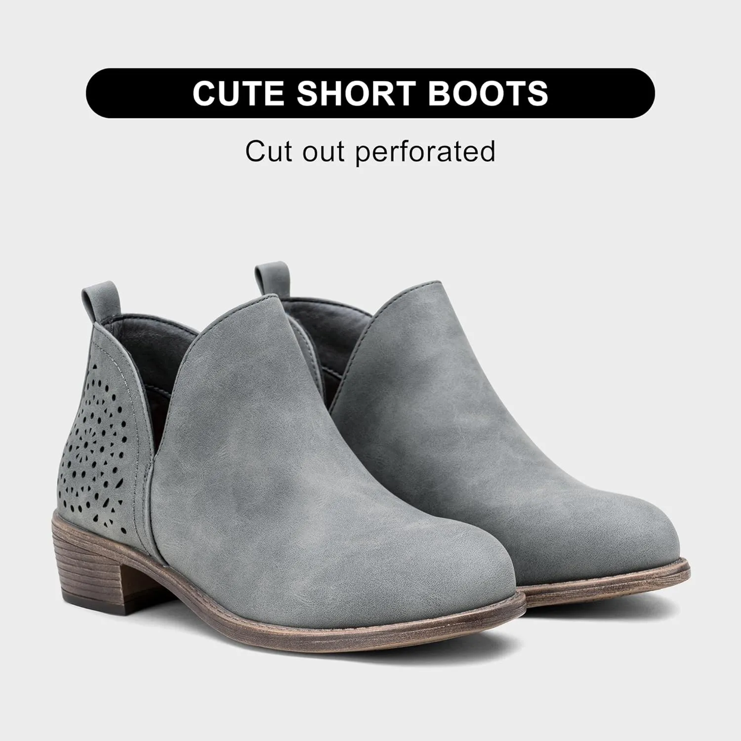 Vepose Women's Short Ankle Boots Low Heel, Western Cutout Perforated Booties