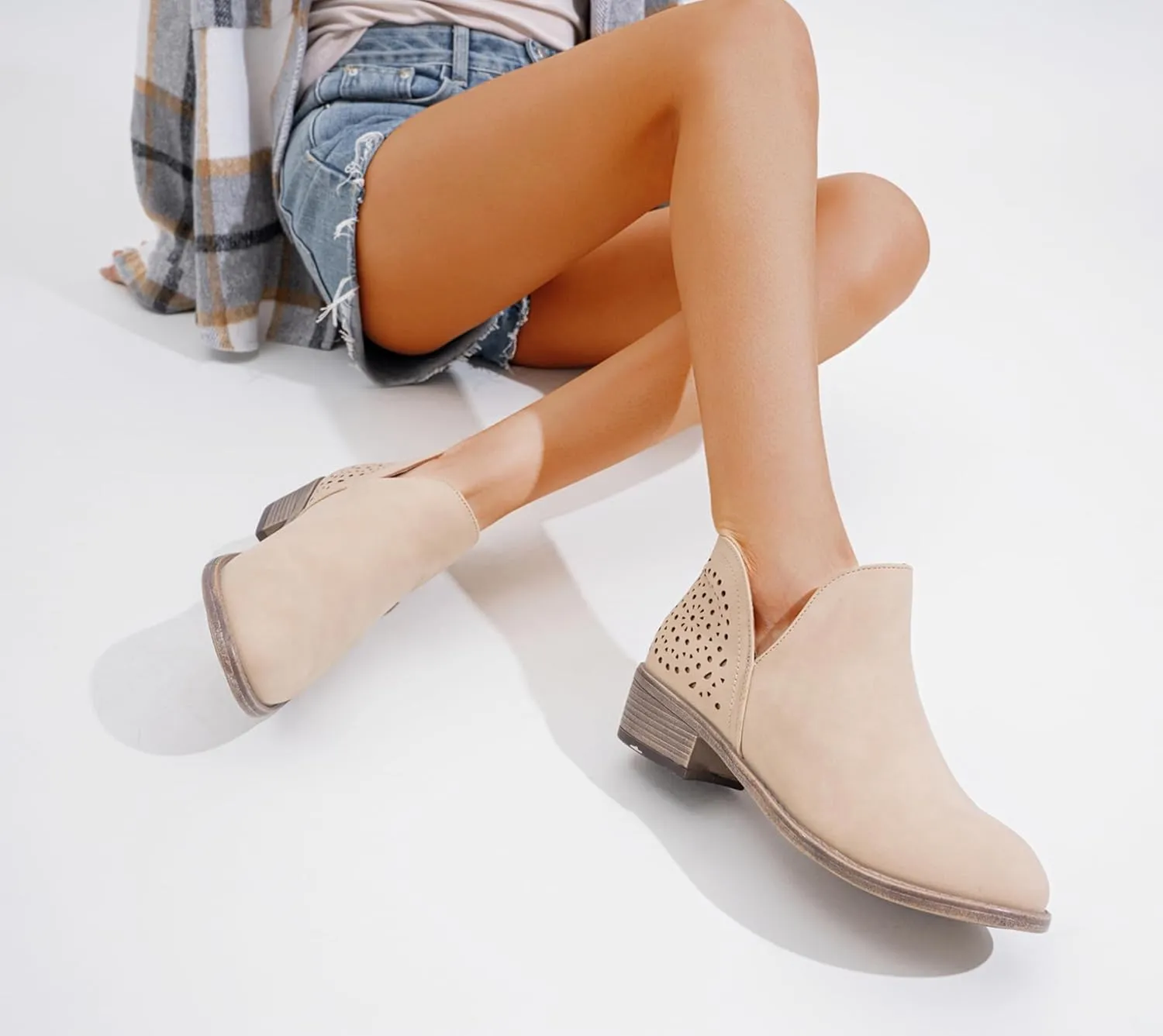Vepose Women's Short Ankle Boots Low Heel, Western Cutout Perforated Booties