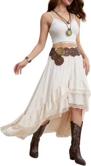 Verdusa Women's Boho Western Lace Asymmetric Hem Skirts Ruffle Cow Girl Skirts