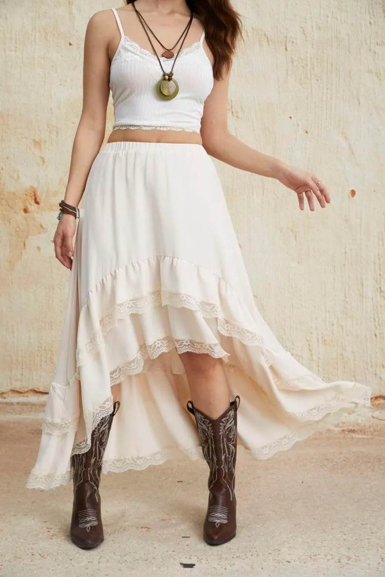 Verdusa Women's Boho Western Lace Asymmetric Hem Skirts Ruffle Cow Girl Skirts