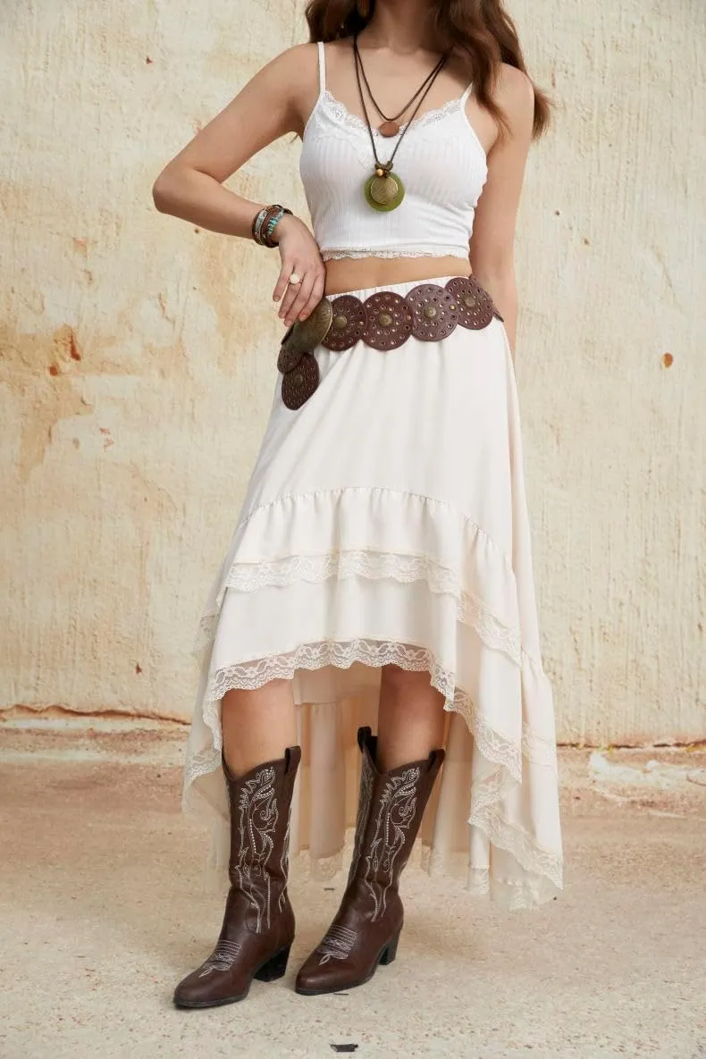 Verdusa Women's Boho Western Lace Asymmetric Hem Skirts Ruffle Cow Girl Skirts