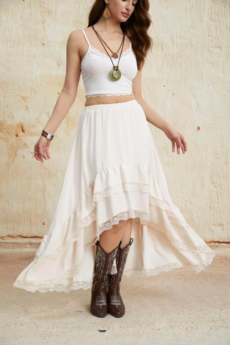 Verdusa Women's Boho Western Lace Asymmetric Hem Skirts Ruffle Cow Girl Skirts