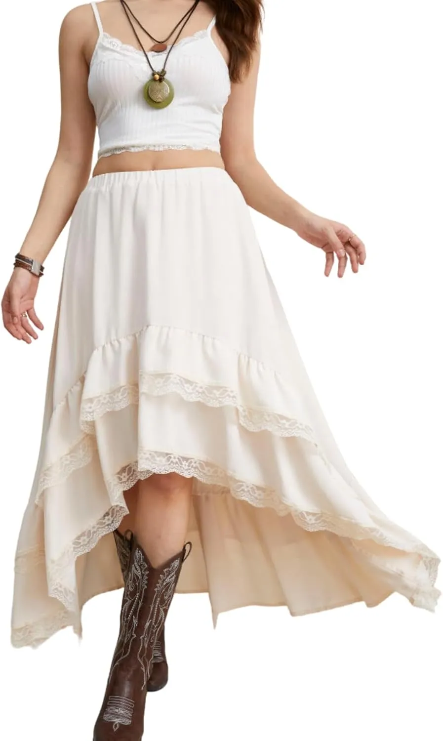 Verdusa Women's Boho Western Lace Asymmetric Hem Skirts Ruffle Cow Girl Skirts