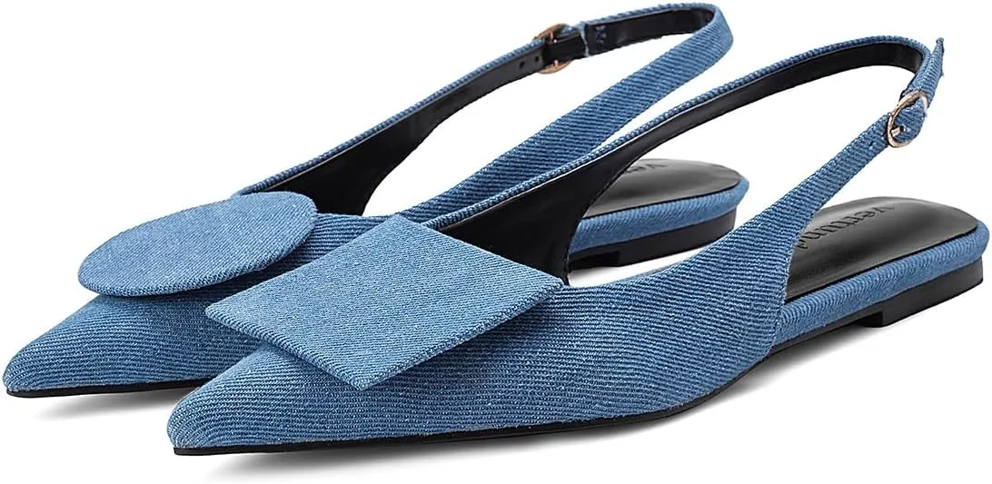 Vertundy Women's Slingback Flats Pointed Toe Flats for Women Low Heel Pumps Ankle Strap Sandals Circle Square Decorative Fashion Design Shoes