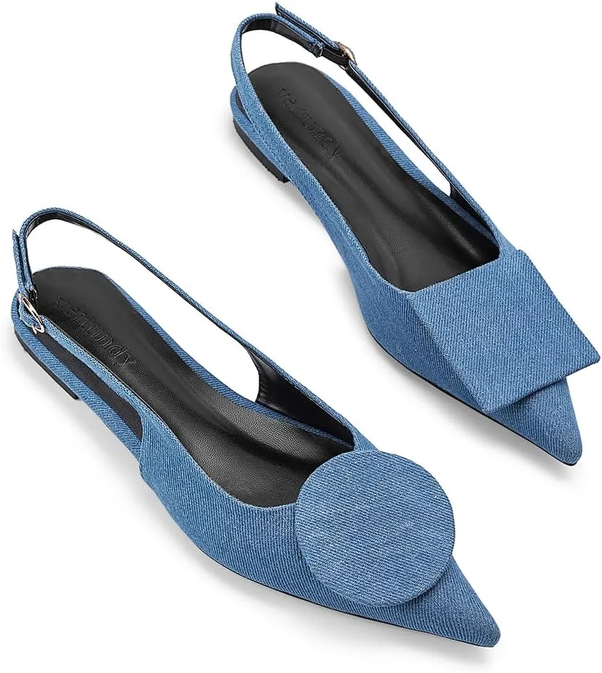 Vertundy Women's Slingback Flats Pointed Toe Flats for Women Low Heel Pumps Ankle Strap Sandals Circle Square Decorative Fashion Design Shoes