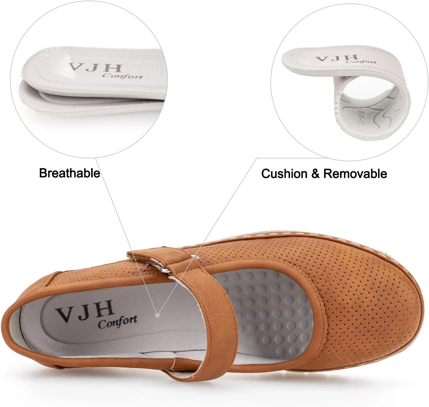 VJH confort Women s Mary Jane Flats, Breathable Comfort Round Toe Low Heel Slip-on Light Weight Walking Shoes