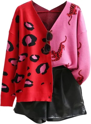 WDIRARA Women's Leopard Tiger Print Cardigan V Neck Long Sleeve Color Block Button Down Sweater Outwear