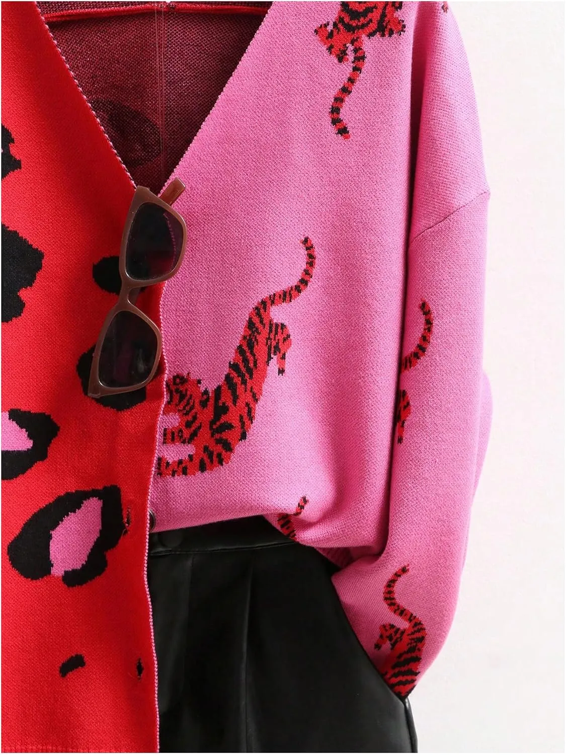 WDIRARA Women's Leopard Tiger Print Cardigan V Neck Long Sleeve Color Block Button Down Sweater Outwear