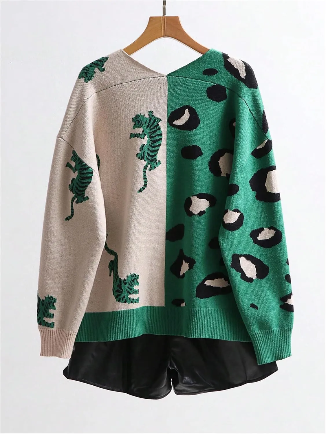 WDIRARA Women's Leopard Tiger Print Cardigan V Neck Long Sleeve Color Block Button Down Sweater Outwear