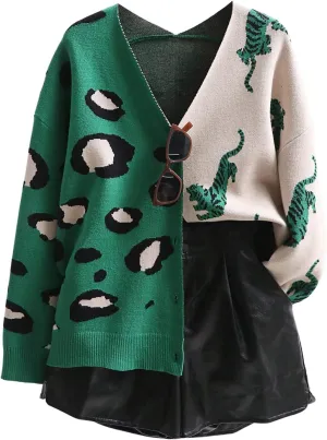 WDIRARA Women's Leopard Tiger Print Cardigan V Neck Long Sleeve Color Block Button Down Sweater Outwear