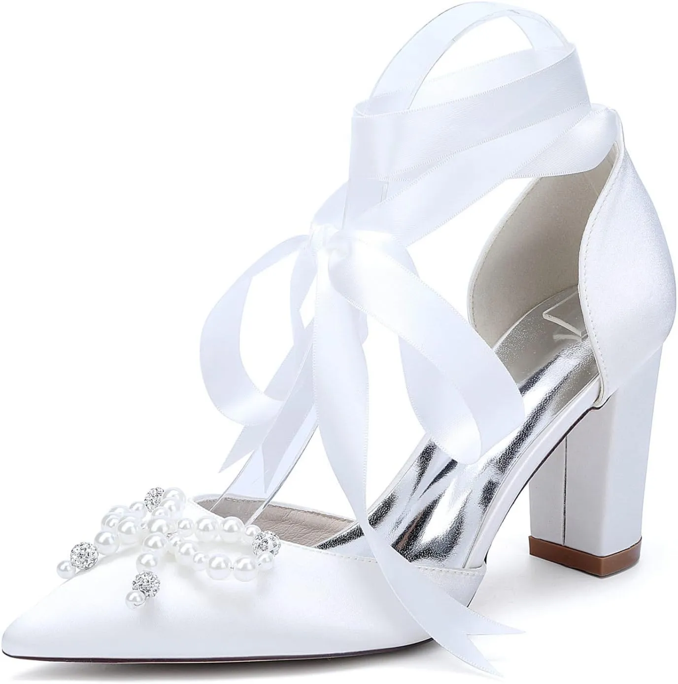 Wedding Bridal Shoes Women Bridal Pointed Toe Heels Chunky Women Dress Shoes Pumps 8.5Cm