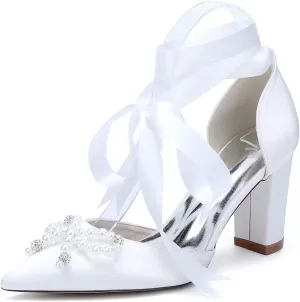 Wedding Bridal Shoes Women Bridal Pointed Toe Heels Chunky Women Dress Shoes Pumps 8.5Cm