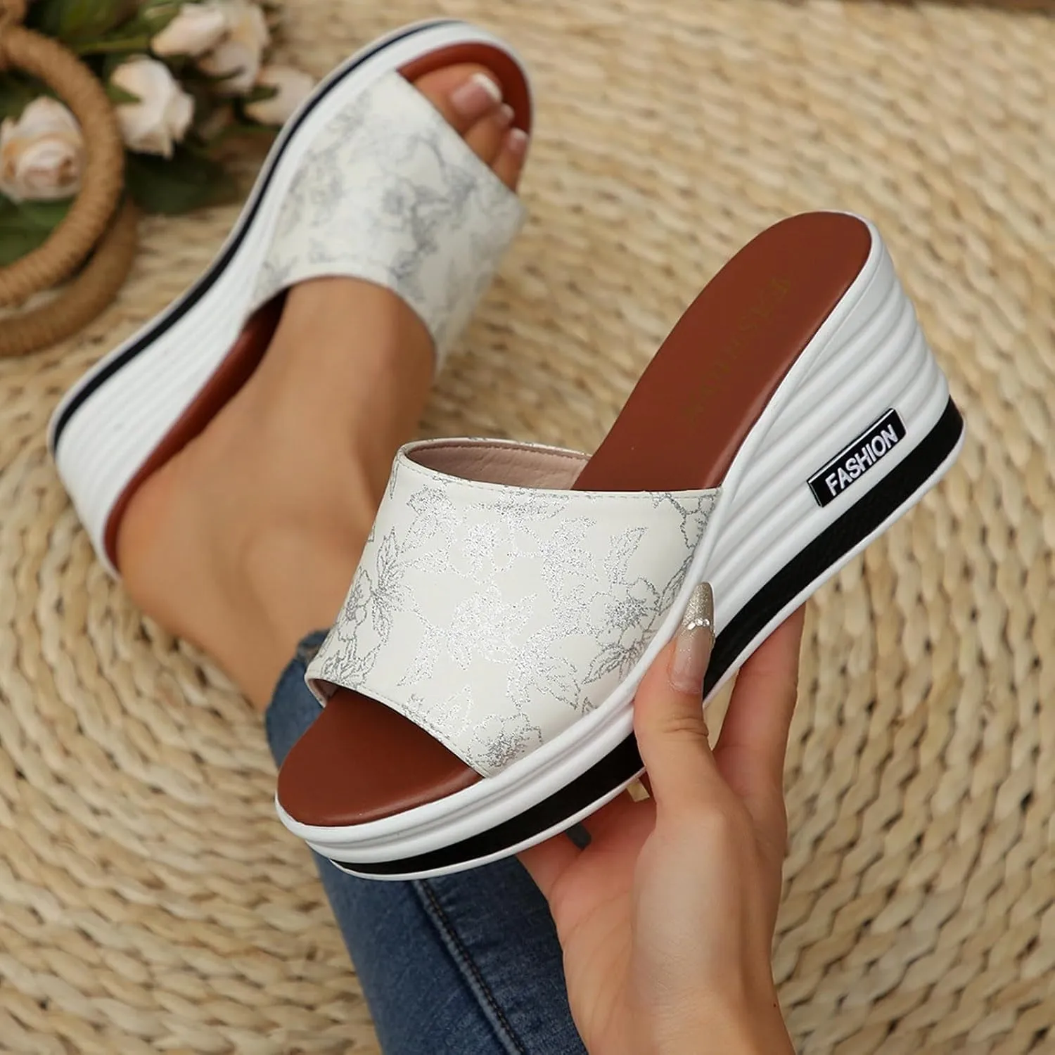 Wedge Heel Thick Sole Heightening Women's Slippers Fashionable Casual Fish Sandals with Arch Support for Women Size 12