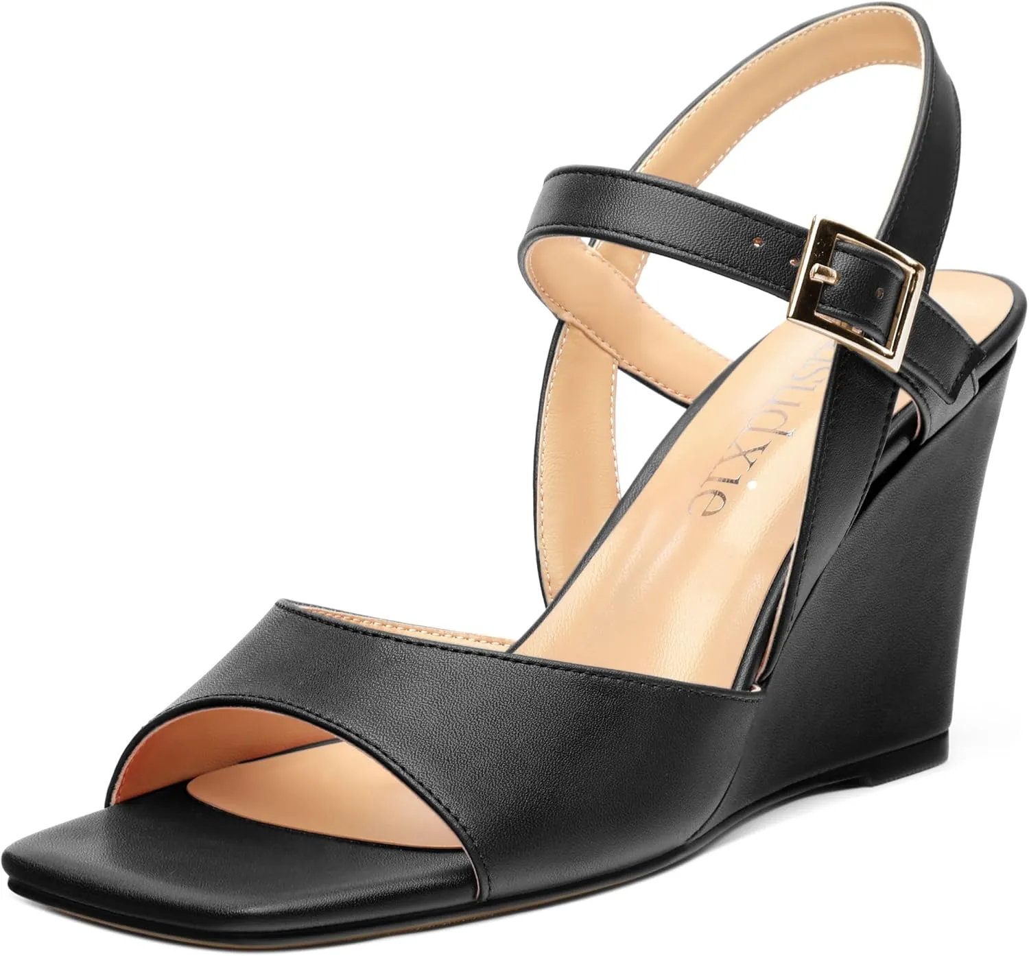 Wedge Sandals for Women, Square Open Toe Ankle Strap Adjustable Strap Matte Comfortable Casual Dating High Heeled Sandals 3.35 Inch