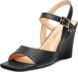 Wedge Sandals for Women, Square Open Toe Ankle Strap Adjustable Strap Matte Comfortable Casual Dating High Heeled Sandals 3.35 Inch