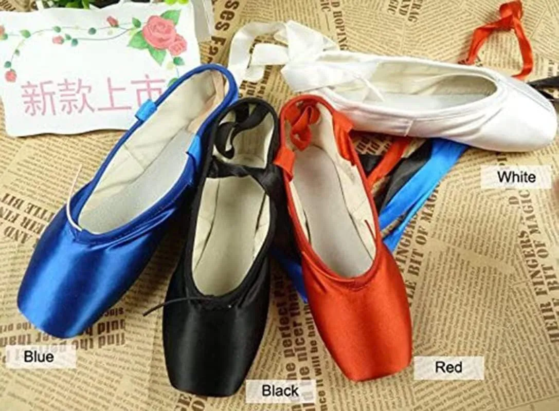 WENDYWU Ballet Dance Shoes Colorful Blue Red White Black Pink Pointe Shoes with Toe Pads