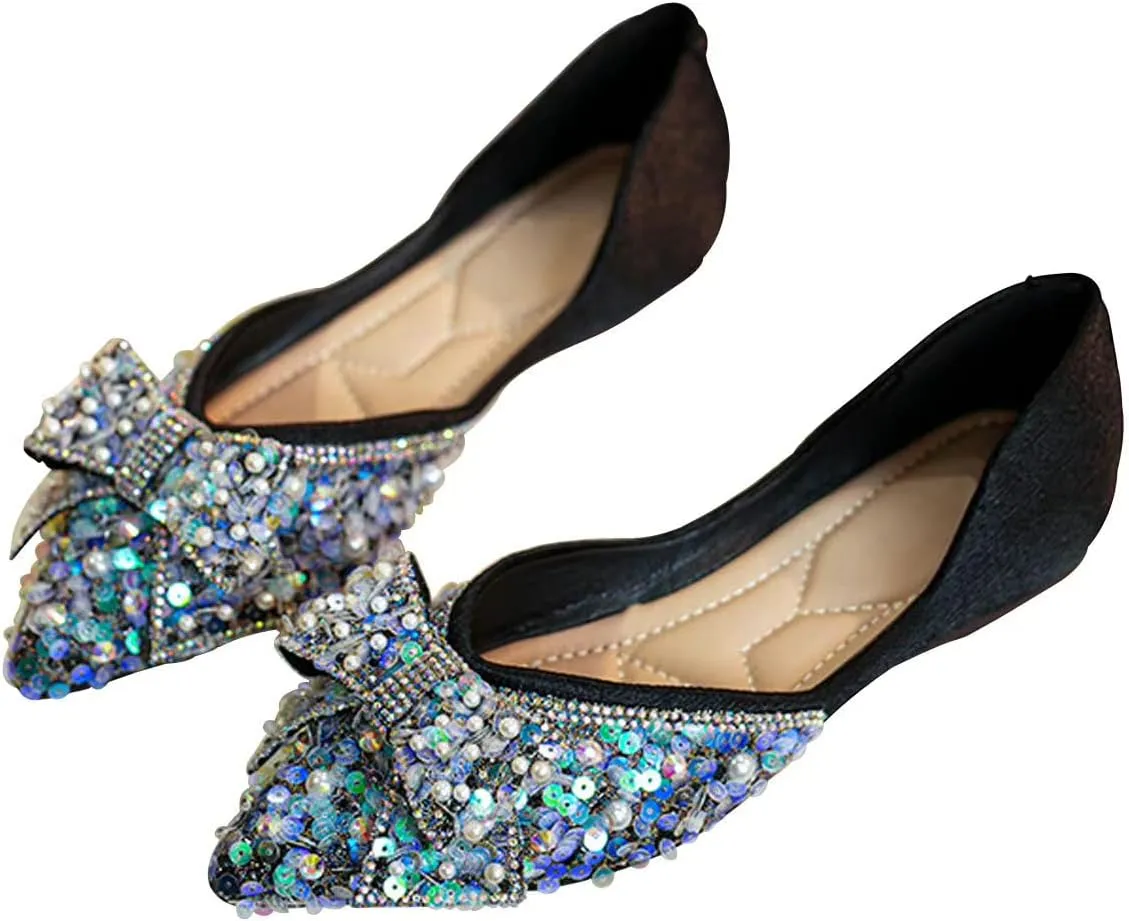 WENJIAZHIZHI Womens Glittery Pointed Toe Ballet Flats Sequins Pearls Wedding Party Dressy Shoes Casual Slip On Flats