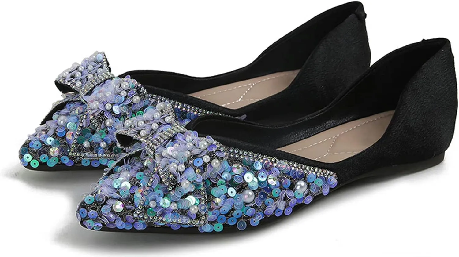 WENJIAZHIZHI Womens Glittery Pointed Toe Ballet Flats Sequins Pearls Wedding Party Dressy Shoes Casual Slip On Flats