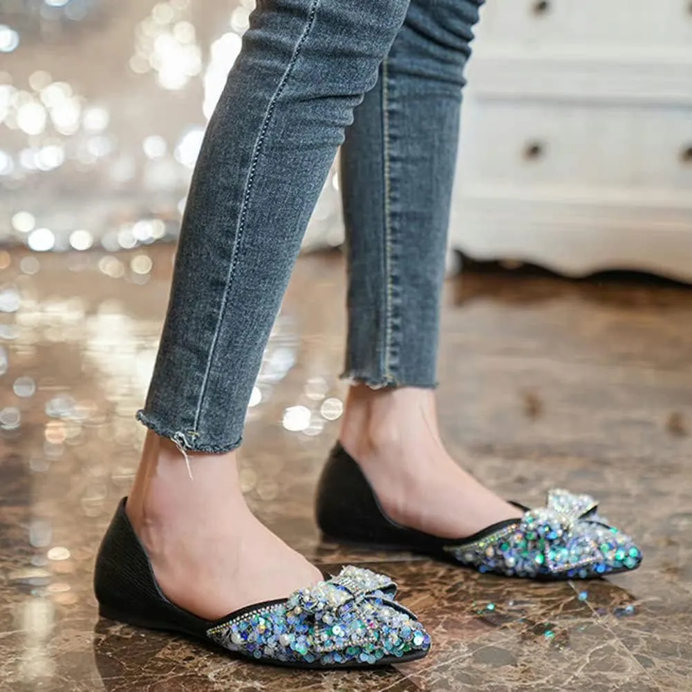 WENJIAZHIZHI Womens Glittery Pointed Toe Ballet Flats Sequins Pearls Wedding Party Dressy Shoes Casual Slip On Flats